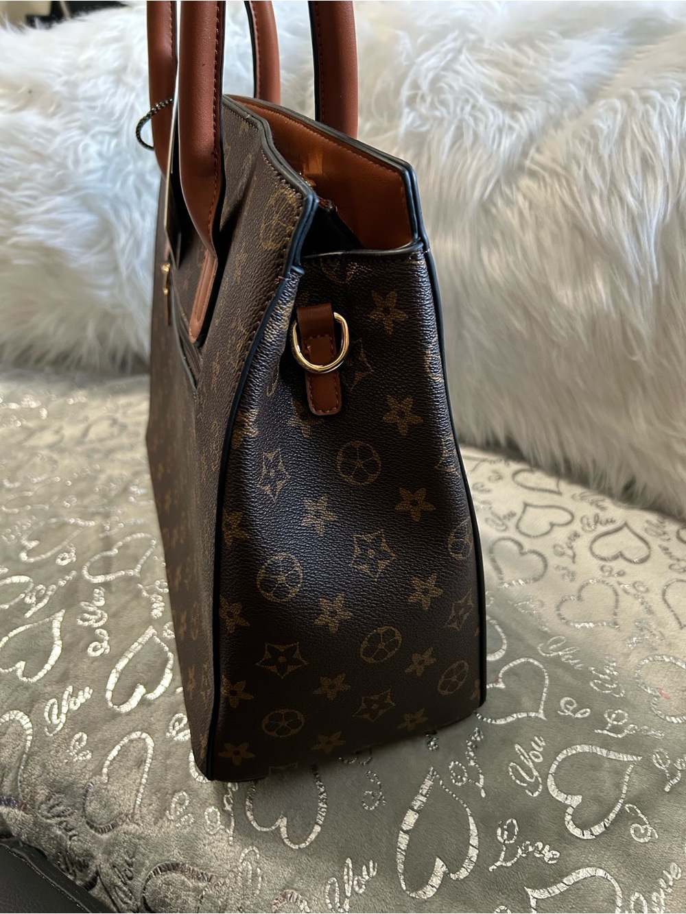 NWT Brown Monogram Tote Handbag with Gold Lock & Matching Wallet - Picture 5 of 11